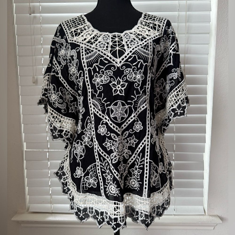 Yoana Baraschi Women’s M Black White Embroidered Crochet Tunic Top Boho Style‎
